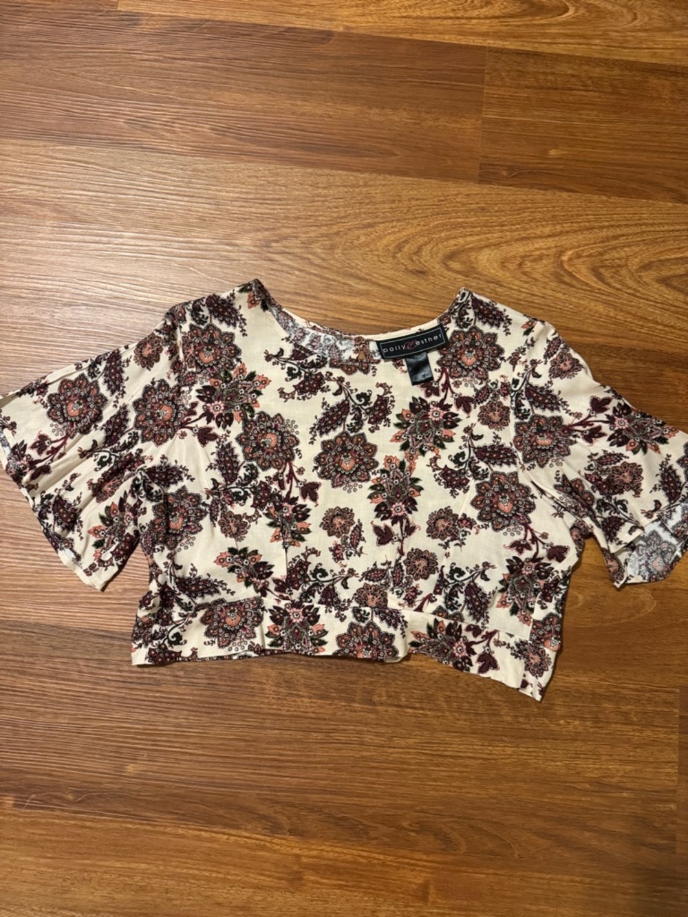 Polly & Esther Cream Floral Crop Top with Burgundy and Rust Detail